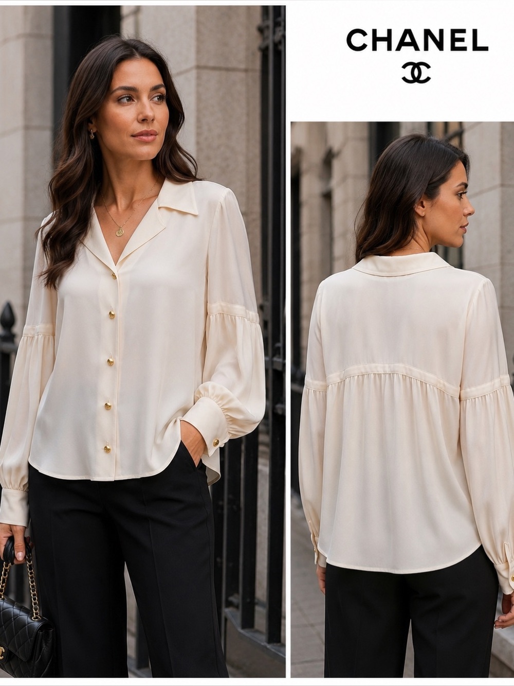 CHANEL Ivory Silk Blouse Gold CC Logo Button L Ballon sleeves Vintage